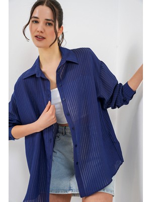 Bigdart Kadın Uzun Oversize Gömlek 20320 - Lacivert