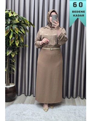 Elmas Tesettür Kadın Giyim Büyük Beden Kemerli Gizli Yırtmaç Detaylı Astarlı Krep Kumaş Etek