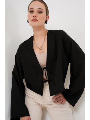 Bigdart Önü Bağlamalı Keten Kimono 960 - Siyah