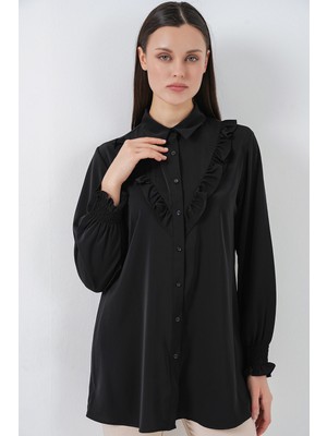 Bigdart Kadın Fırfırlı Uzun Gömlek Tunik 5986 - Siyah