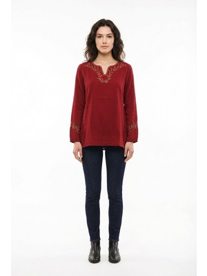 Eliş Şile Bezi Uzun Kol Nevin Nakış Detaylı V Yaka Yazlık Şile Bezi Otantik Bluz Bordo Brd
