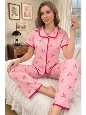 Bella Notte V Yaka Pamuklu Fiyonk Baskılı Soft Yazlık Pijama Takımı