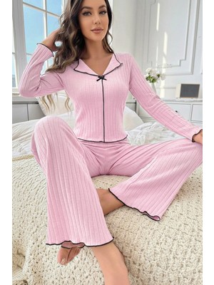 Bella Notte Pembe Pamuklu Siyah Overlok ve Fiyonk Detaylı Uzun Kollu Pijama Takımı