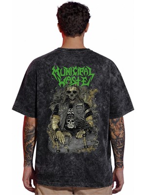 Sevbano Tasarım Municipal Waste Rock Metal Müzik Grubu Sırt Baskılı Unisex Oversize Eskitme Yıkamalı Tişört