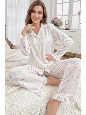 Bella Notte Kadın Düğmeli Uzun Kollu Küçük Kalp Desenli Uzun Pijama Takımı