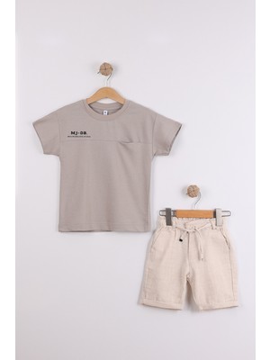 Joy Kids Erkek Çocuk Baskılı Keten Şortlu Basic Takım (3-6yaş) (Bej)