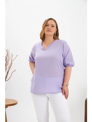 Rmg Volanlı V Yaka Kısa Kol Kadın Bluz Lila