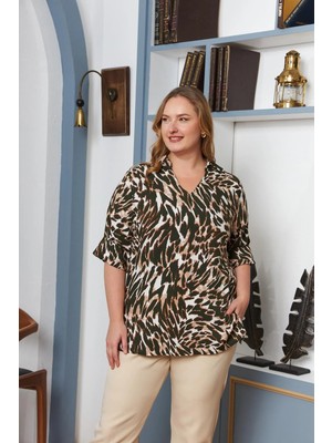 Rmg Büyük Beden Kol Katlı Leopar Bluz Yeşil