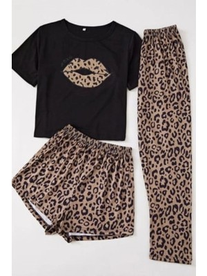 Bella Notte 3 Parça Leopar Desenli Pamuklu Pijama Takımı