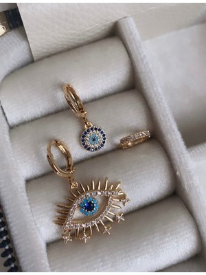 PremiumPort Şık Çelik Nazar Boncuklu Gözlü Halkalı Zirkon Taşlı 3'lü Set Küpe