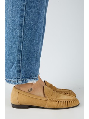 Manijero Tuubi Kadın Hakiki Deri Pileli Loafer Kum Ayakkabı