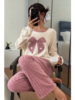 Bella Notte Pembe Nakışlı Pembe Uzun Kollu Pijama Takımı