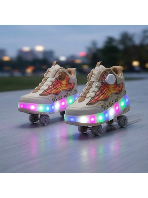 BURUNİ Akıllı Bağcıklı LED Işıklı Patenli Bej Çocuk Ayakkabı – Ortopedik Taban, 2’si 1 Arada (Spor & Paten), Renkli Işıklı Tekerlekli Sneaker