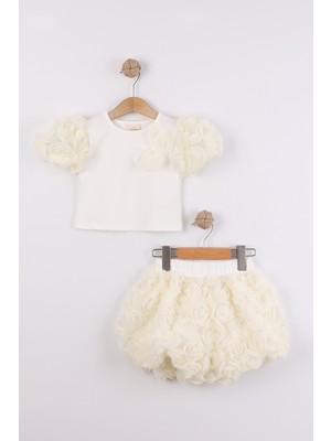 Joy Kids Kız Çocuk Balon Çiçekli Şortlu Tarz Takım (2-8yaş) (Ekru)