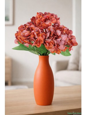 Yapay Çiçek Sitesi Islak Dokulu Yapay Ortanca Demeti 5 Dal Kiremit Kırmızısı