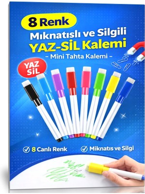 Enine Boyuna Eğitim Yaz-Sil Tahta Kalemi Seti (8 Renk) | Mıknatıslı Silgili Akıllı Beyaz Tahta Kalemi