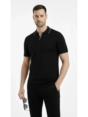 Adisia Erkek Triko Kumaş Yakalı Düğmesiz Açık Yaka Fitilli Kısa Kollu Regular Fit Tişört T-Shirt - Siyah
