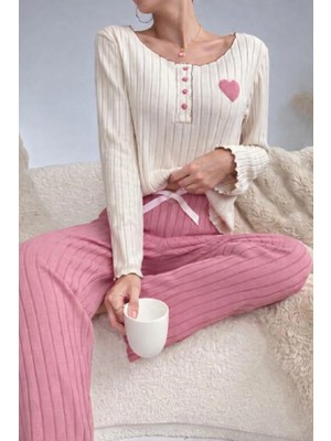 Bella Notte Nakışlı Pembe Pamuklu Kalp Detaylı Pijama Takımı
