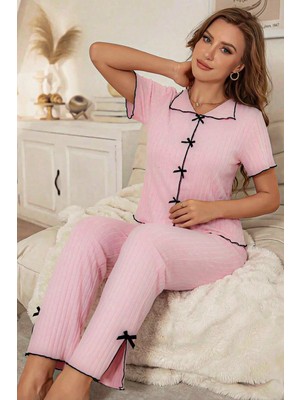 Bella Notte Pembe Pamuklu Siyah Overlok ve Fiyonk Detaylı Kısa Kollu Pijama Takımı