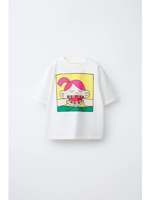 Magu Kız Çocuk Pamuklu Beyaz Karakter Baskılı T-Shirt Şort Takım