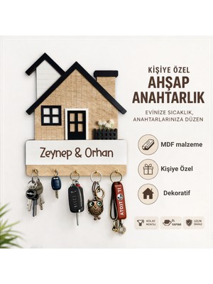Hippodeco Kişiye Özel Mdf Anahtarlık | Ev Figürlü Dekoratif Duvar Anahtarlık | Aile Isimlik
