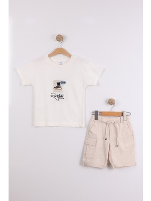 Joy Kids Erkek Çocuk Retro Basic Keten Şortlu Takım (3-6yaş) (Beyaz-Krem)
