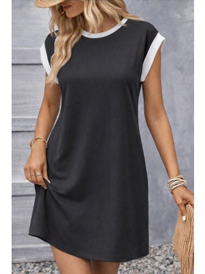 Lunelis Kadın Kısa Kollu Yuvarlak Yakalı Kontrast Manset Detaylı Kısa Janjan Krep Elbise