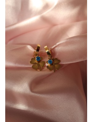 PremiumPort Parlak Boncuklu Dört Yapraklı Yaprak Tasarımlı Şık Çelik Küpe