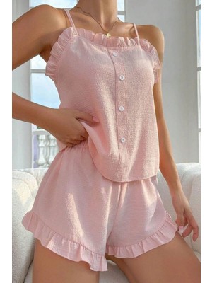 Bella Notte Toz Pembe Süs Düğmeli Fırfırlı Şortlu Pijama Takımı Kadın Rahat Tasarım