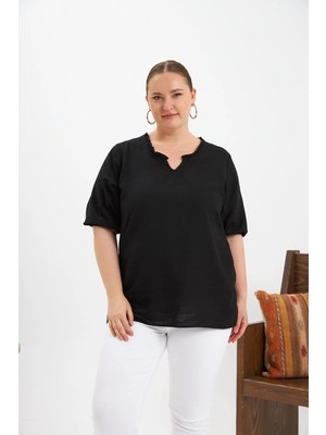 Rmg Volanlı V Yaka Kısa Kol Kadın Bluz Siyah