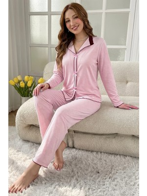 Bella Notte Pembe Pamuklu Uzun Kollu Zarif Dantel Detaylı Fiyonklu Uzun Pijama Takımı
