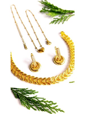 PremiumPort Şık Halka Küpe, Kalp Detaylı Bileklik ve Zincirli Kolye Seti, Hediye Paketiyle