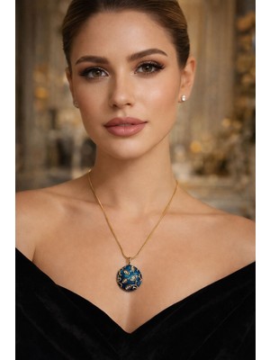 Solare Accessories Lacivert Mine Desenli Yuvarlak Uçlu Altın Kaplama Çelik Kolye