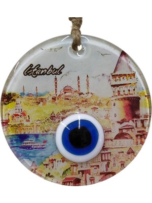Mixperi Istanbul Temalı Nazar Boncuklu Cam Duvar Süsü - Galata Kulesi Desenli Ev Dekoru - 12 cm