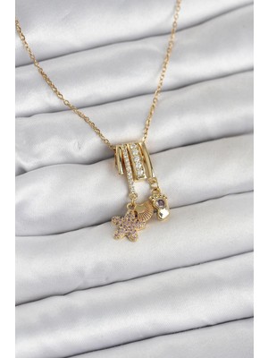 Youday Accessories 316L Çelik Gold Zirkon Taşlı Deniz Tema Charmlı Kadın Kolye
