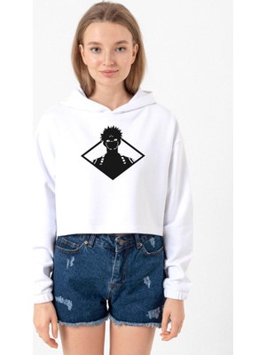 Tshirthane Jujutsu Kaisen Anime Sukuna White Head Beyaz Optik Kadın Crop Kapşonlu