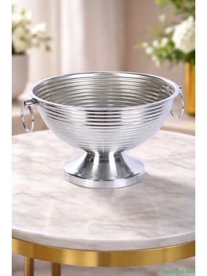 Yapay Çiçek Sitesi Metal Çizgili Küpeli Vazo 17 cm Gümüş
