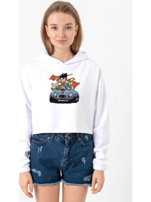 Tshirthane Dragon Ball Z Anime Goku Racer Beyaz Optik Kadın Crop Kapşonlu