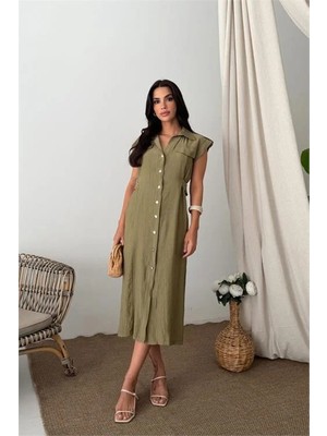 Dip Moda Kadın Yeşil Bel Detaylı Midi Boy Düğmeli Gömlek Elbise DPNP027
