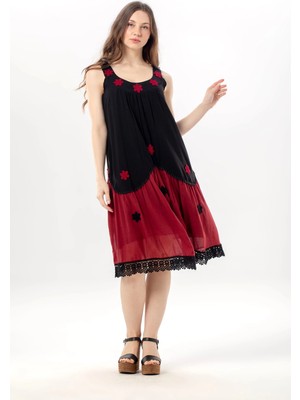Eliş Şile Bezi Kolsuz Papatya Yuvarlak Yaka Dantel Detaylı Yazlık Vual Kısa Elbise Siyah/bordo Syh/brd