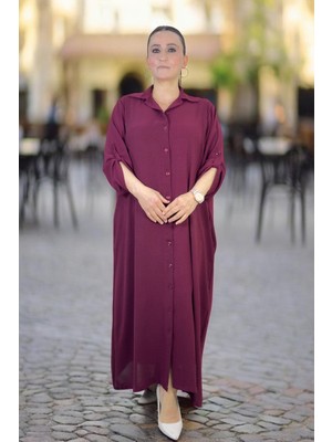 Katlanabilir Kol Önden Boydan Düğmeli Cepli Geniş Kesim Viskon Battal Büyük Beden Elbise
