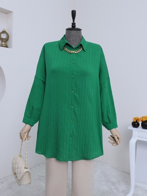 Moda Morfo Boydan Düğmeli Desenli Gömlek -Yeşil
