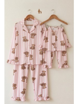 Kokoro Mother & Baby Anne Çocuk Pijama Takımı Pembe Çizgili Ayıcık Desenli Anne Kız Kombin Pijama Seti