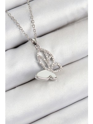 Youday Accessories 316L Çelik Zirkon Taşlı Kelebek Model Gümüş Renk Kadın Kolye