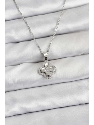 Youday Accessories 316L Çelik Zincir Gümüş Renk Zirkon Taşlı Yonca Model Kadın Kolye