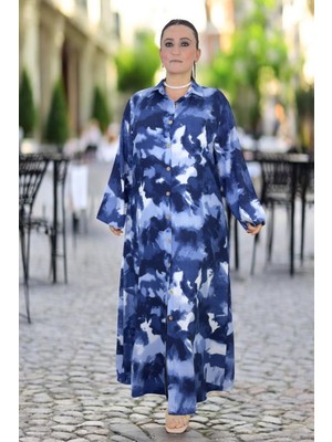 Ebru Desenli Gömlek Yaka Cepli Geniş Kesim Viskon Battal Büyük Beden Elbise