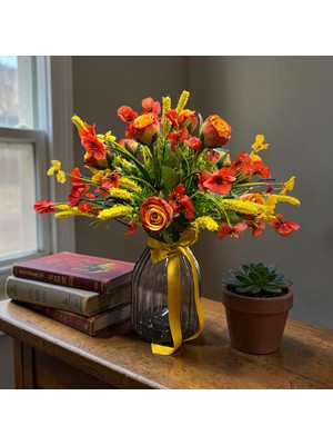 Sedosh Home Vision Turuncu Çardak Gülü Yapay Çiçek Aranjmanı Cam Vazoda Dekoratif