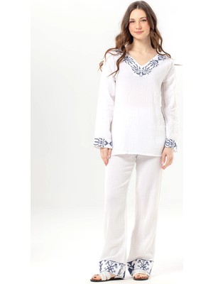 Eliş Şile Bezi Uzun Kol Nirvana V Yaka Nakışlı Yazlık Müslin Bluz Beyaz Byz