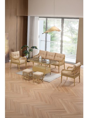 EVDEMO Joy Rattan Puflu Bahçe Balkon Takımı 3+1+1+Camlı Masa Cappuccino Plastik Rattan Malzeme ile Şık ve Dayanıklı