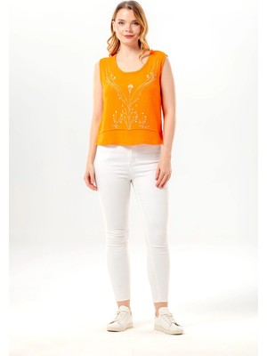 Eliş Şile Bezi Kolsuz Cunda Bisiklet Yaka Yazlık Nakışlı Müslin Bluz Turuncu Trnc